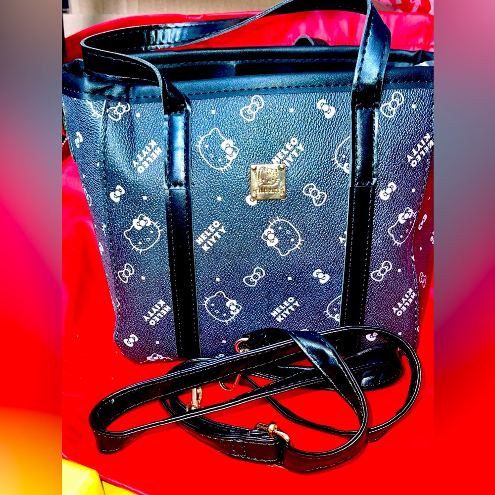 Sanrio Hello Kitty Black Pebbled Vegan Leather Lux Style Hand/Shoulder Bag. NIP